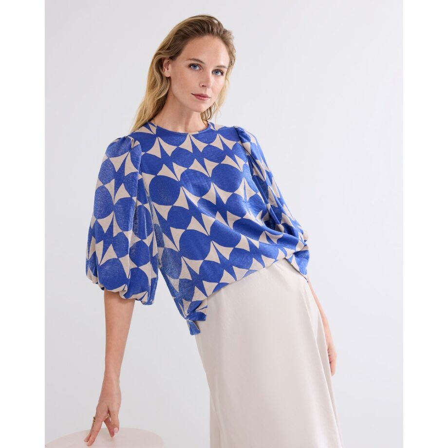 Summum 2s3202 Oberteil mit Puffärmeln und glänzendem Print royalblau