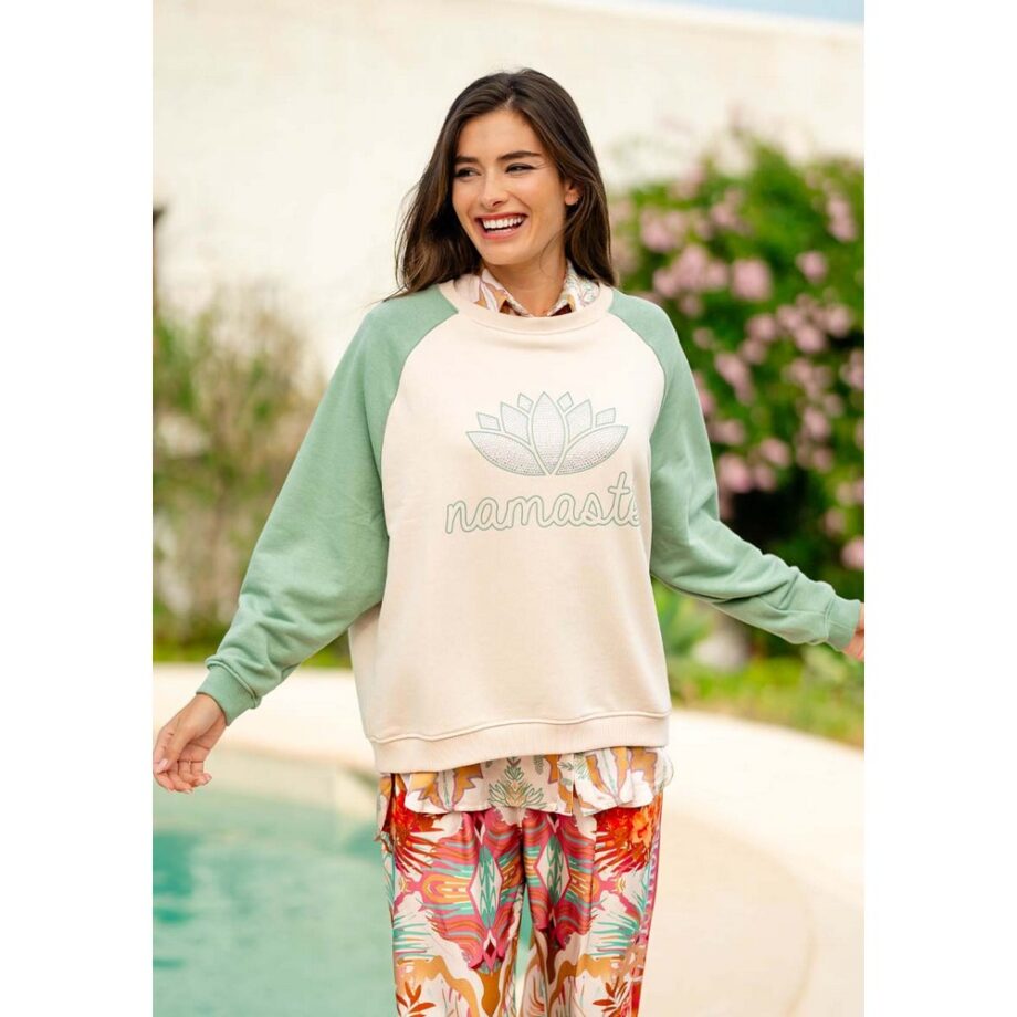 Miss Goodlife MG11335 Roundneck Sweater Raglan Namasté Strass – creme