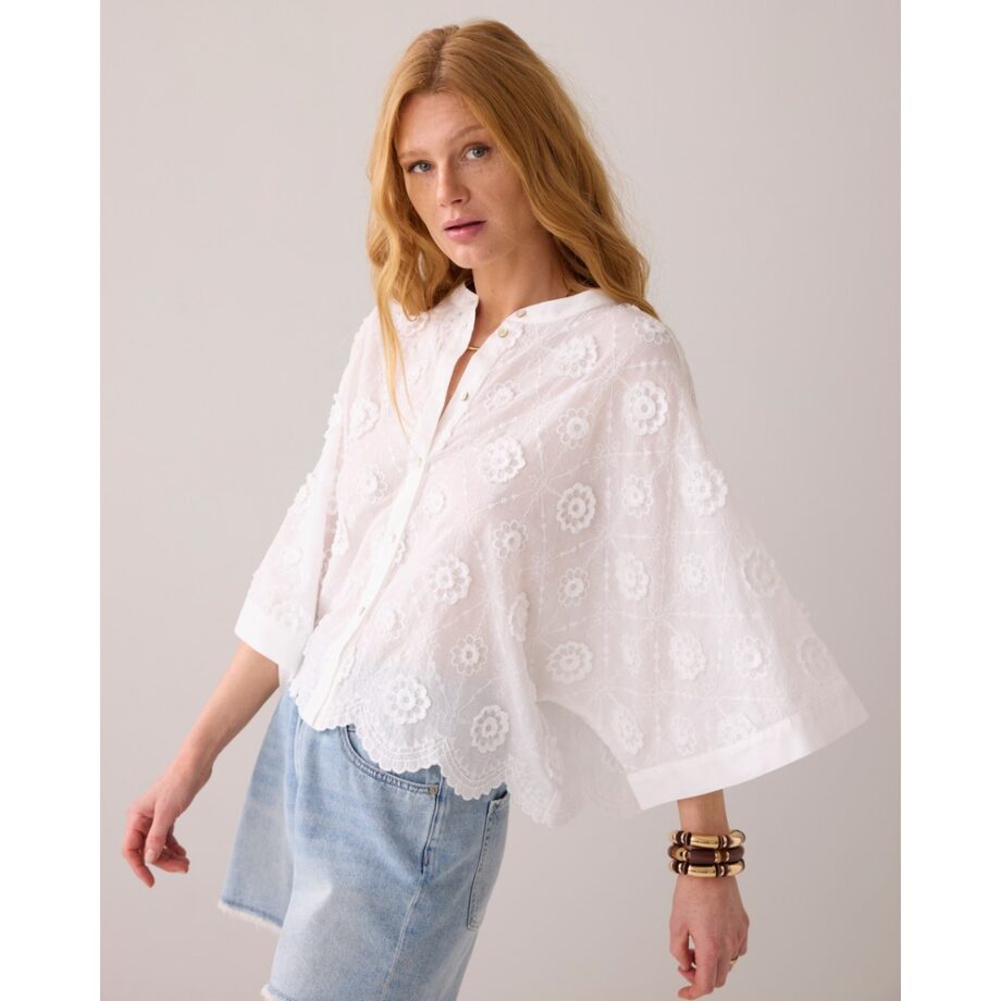 Summum 2S3286 Bluse Baumwolle 3D-Blumen weiß