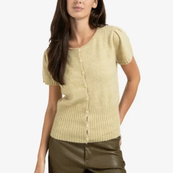 YAYA 01-010125-509 Kurzärmeliger Strickcardigan mit Rippverzierung Pale Olive Green