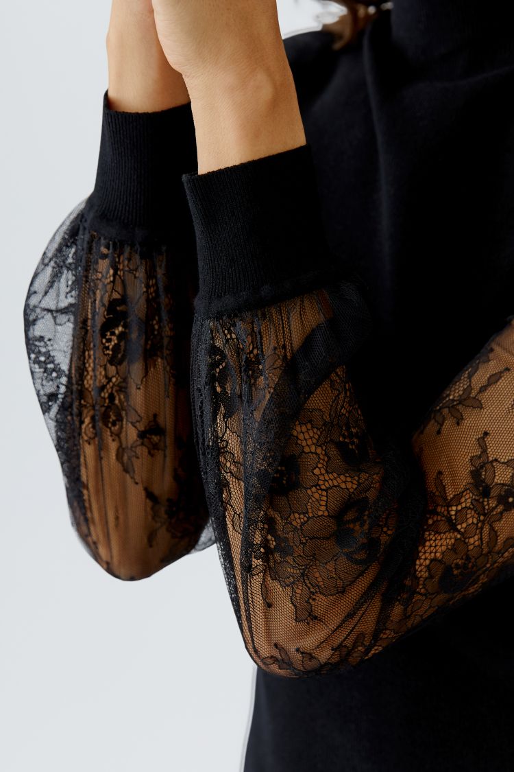 Oui 95078 Pullover mit halbtransparenten Ballonärmeln schwarz