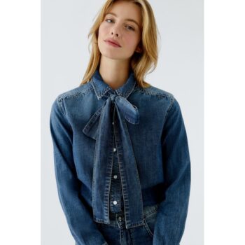 Oui 96069 Denim Bluse mit Schleife dark blue denim