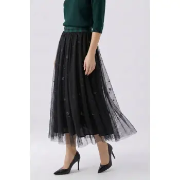 Oui 99957 Maxirock Tüllrock schwarz dunkelgrün